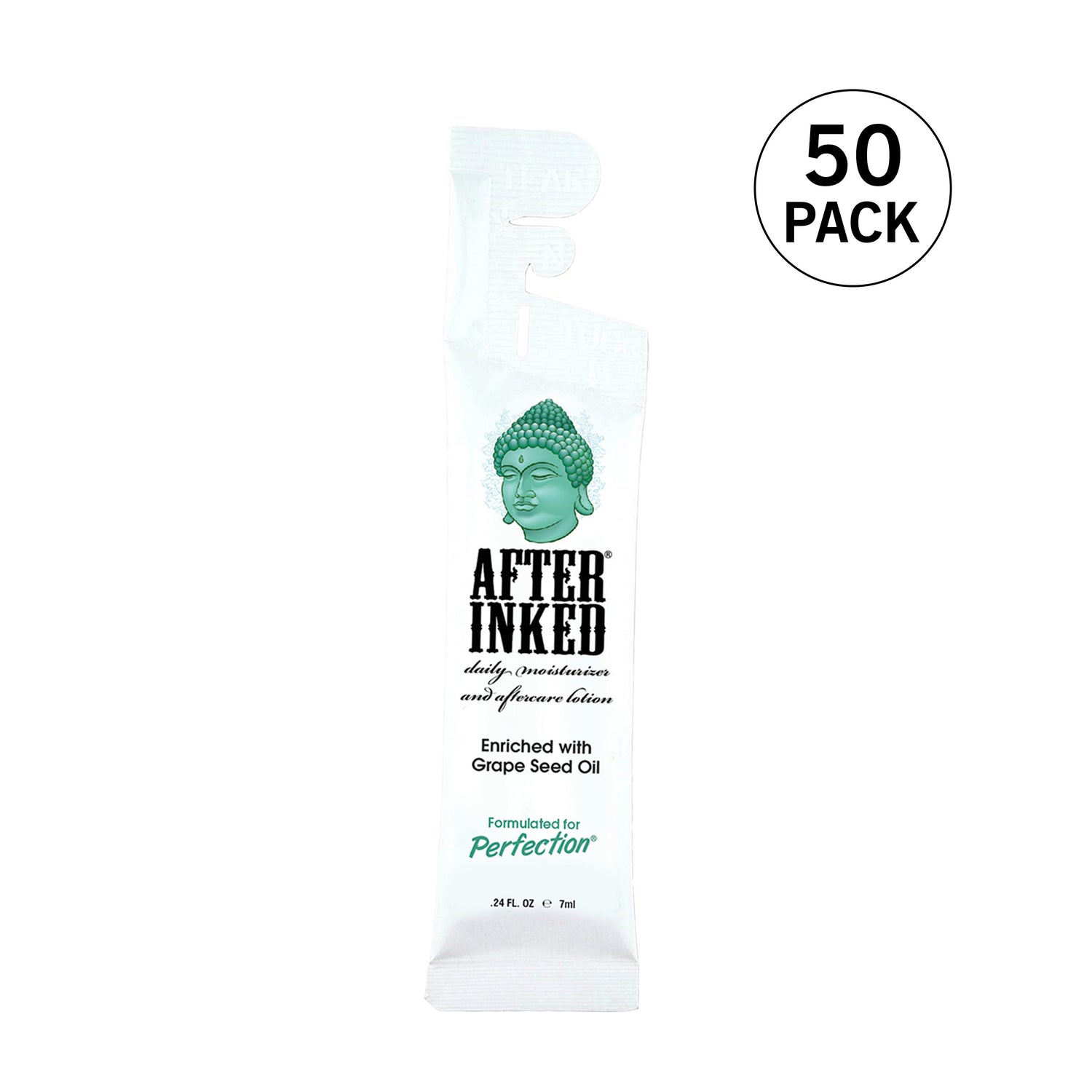 tattoo daily moisturizer and aftercare lotion, enriched with grape seed oil, 7ml reclosable packet. Tear, dispense, fold and tuck. 50-pack