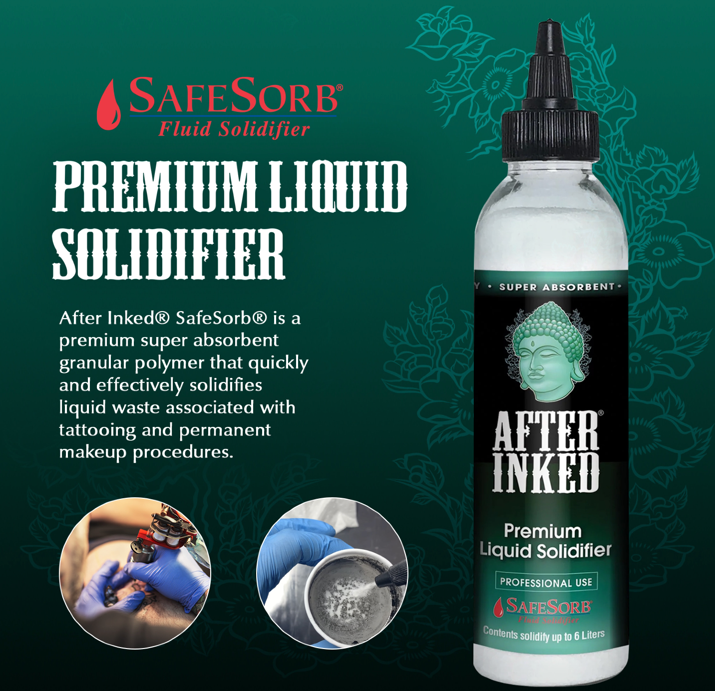 Safesorb premium liquid solidifier is a premium super absorbent granular polymer that quickly and effectively solidifies liquid waste associated with tattooing and permanent makeup procedures.