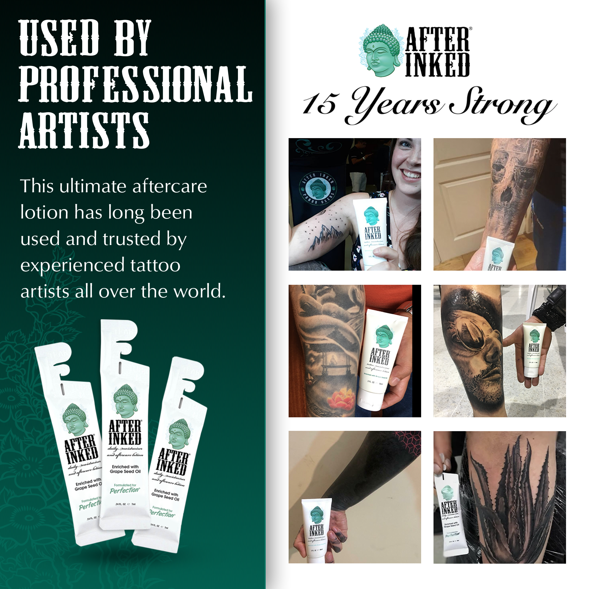 Tattoo aftercare. Used by professional tattoo artists. This ultimate tattoo aftercare lotion has long been used and trusted by experienced tattoo artists all over the world.