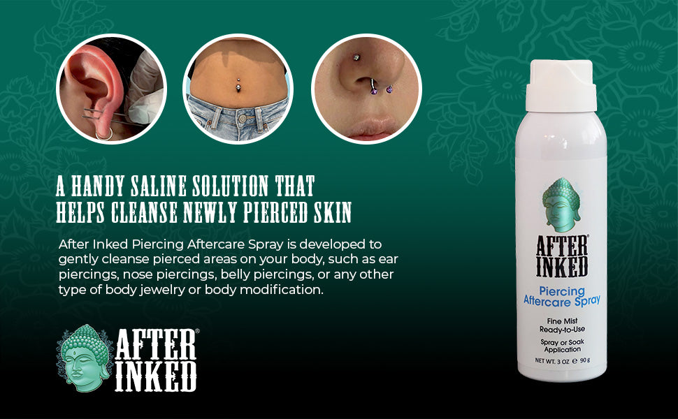 A handy saline solution that helps cleanse newly pierced skin. After Inked Piercing Aftercare Spray is developed to gently cleanse pierced areas on your body, such as ear piercings, nose piercings, belly piercings, or any other type of body jewelry or body modification.