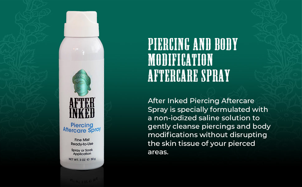 Piercing and body modification aftercare sprayAfter Inked Piercing Aftercare Spray is specially formulated with a non-iodized saline solution to gently cleanse piercings and body modifications without disrupting the skin tissue of your pierced areas.