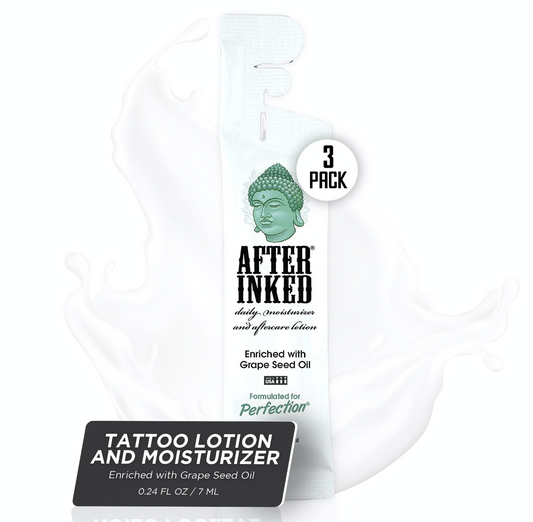 tattoo daily moisturizer and aftercare lotion, enriched with grape seed oil, 7ml reclosable packet. Tear, dispense, fold and tuck.