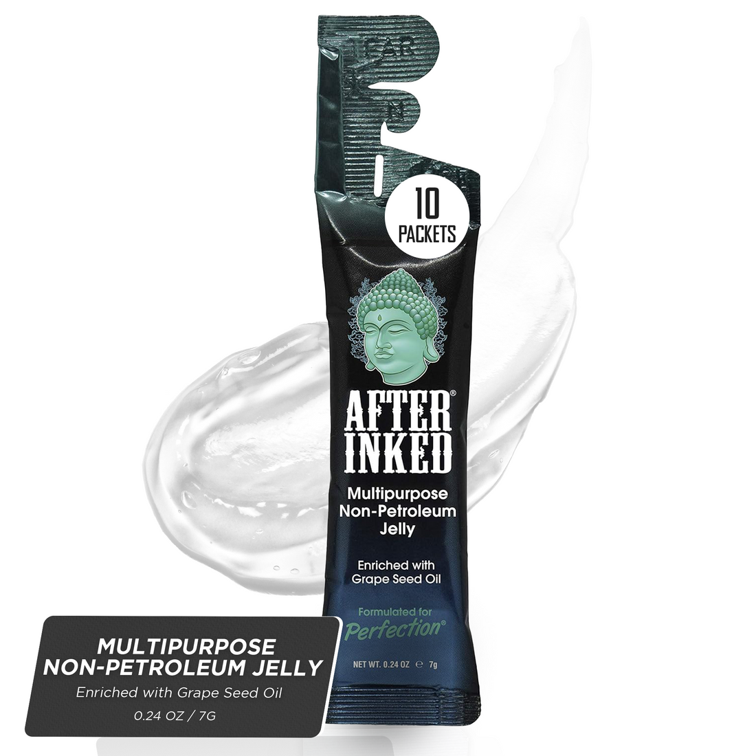 Multipurpose Non-petroleum jelly, enriched with grape seed oil, 7g reclosable packet. Tear, dispense, fold and tuck.
