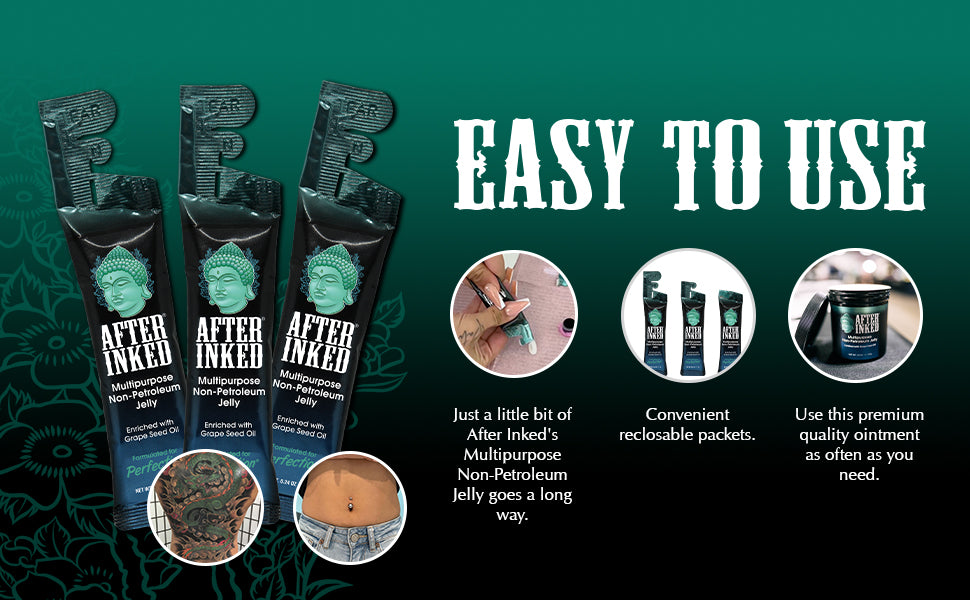Easy to use. Just a little bit of After Inked multipurpose NPJ goes a long way. Convenient reclosable packets. Use this premium quality ointment as often as you need.