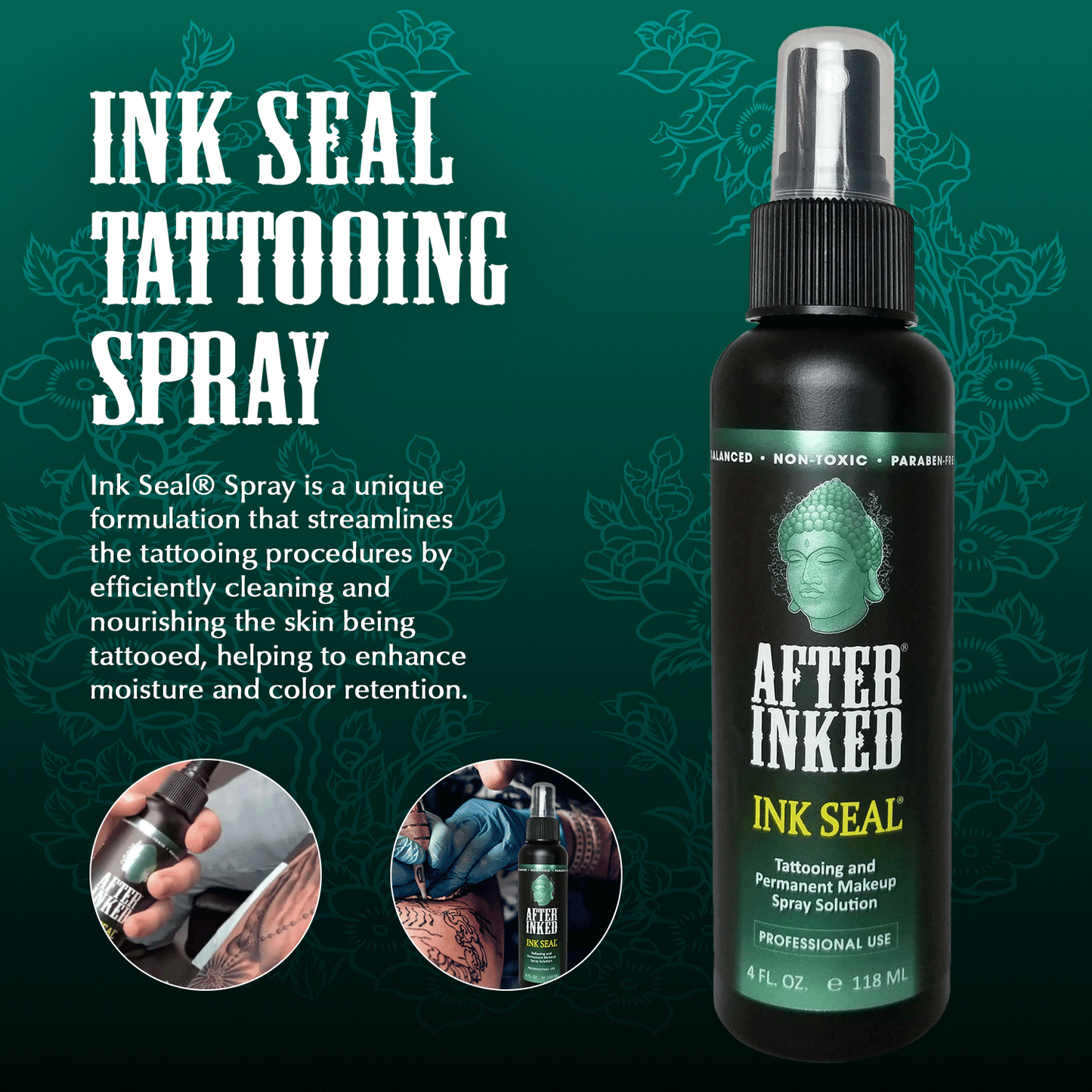 Ink Seal tattooing spray is a unique formulation that streamlines the tattooing procedure by efficiently cleaning and nourishing the skin being tattooed, helping to enhance moisture and color retention.