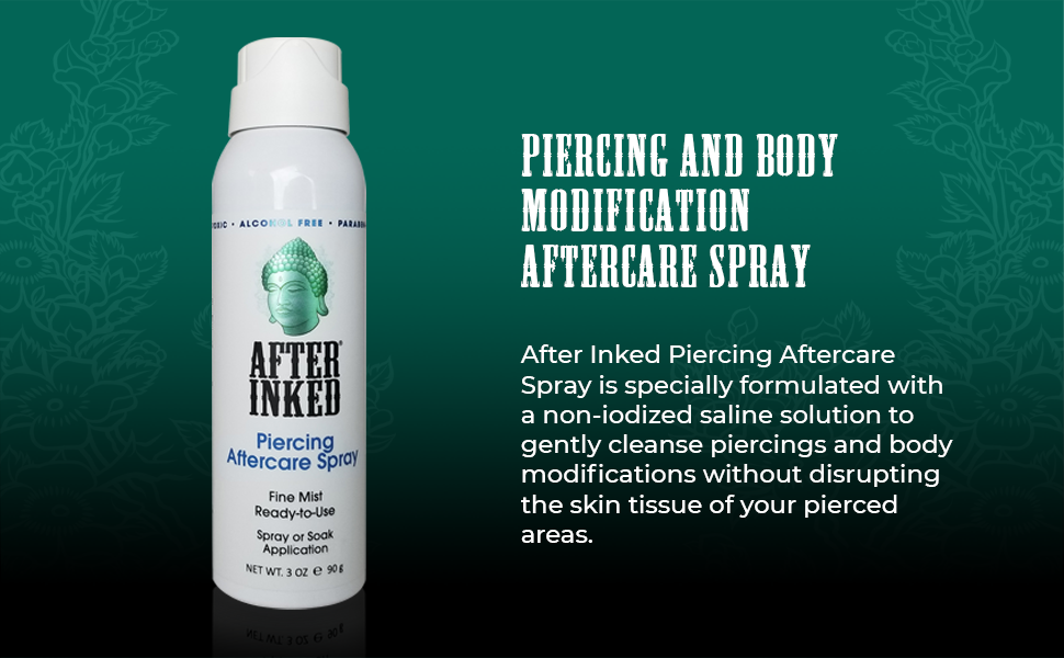 Piercing and body modification aftercare spray. After Inked Piercing Aftercare Spray is developed to gently cleanse pierced areas on your body, such as ear piercings, nose piercings, belly piercings, or any other type of body jewelry or body modification.