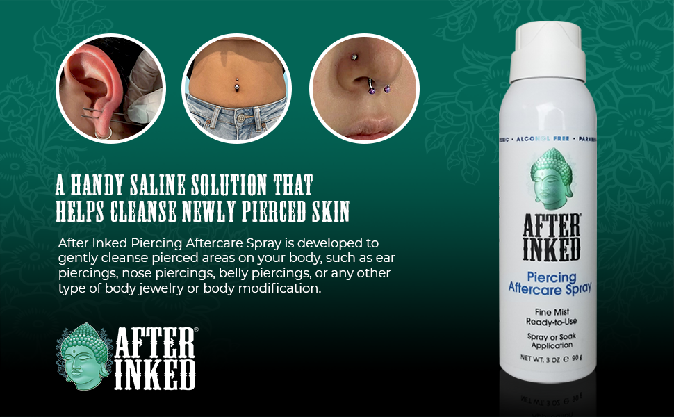 A handy saline solution that helps cleanse newly pierced skin. After Inked Piercing Aftercare Spray is developed to gently cleanse pierced areas on your body, such as ear piercings, nose piercings, belly piercings, or any other type of body jewelry or body modification.