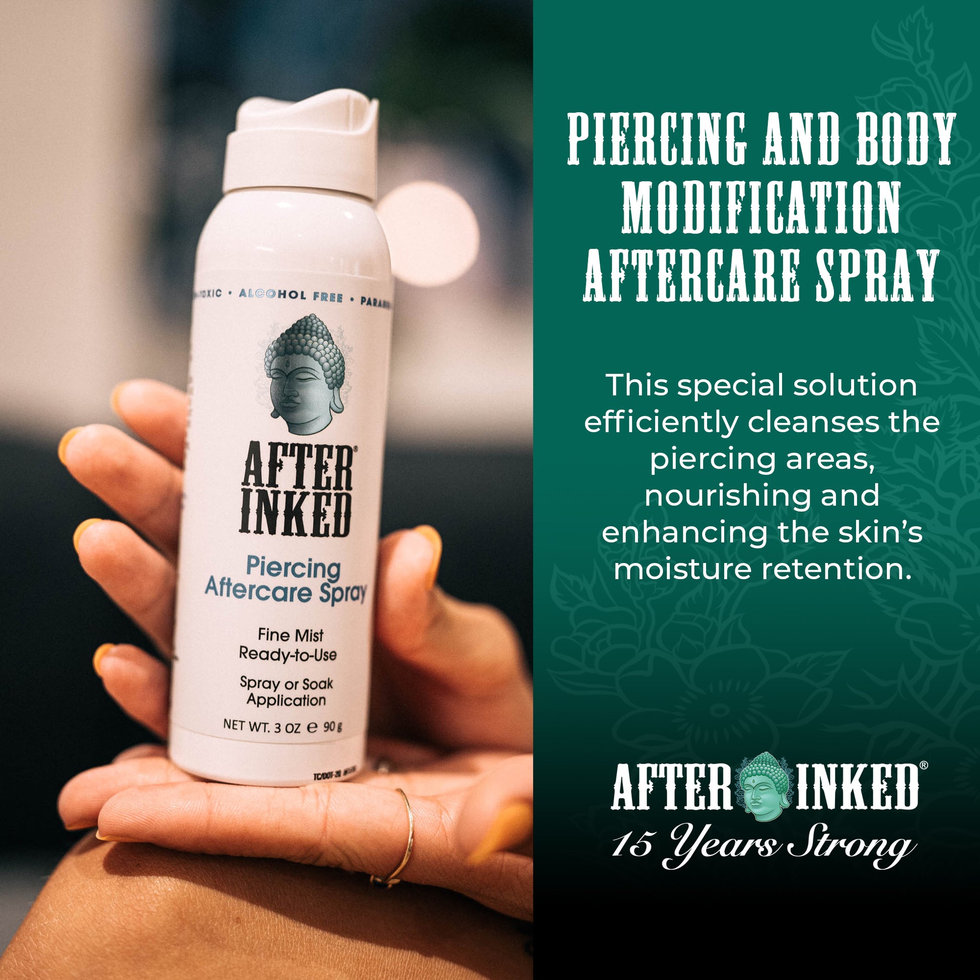 Piercing and body modification aftercare spray. This special solution efficiently cleanses the pier ing areas, nourishing and enhancing the skin's moisture retention.