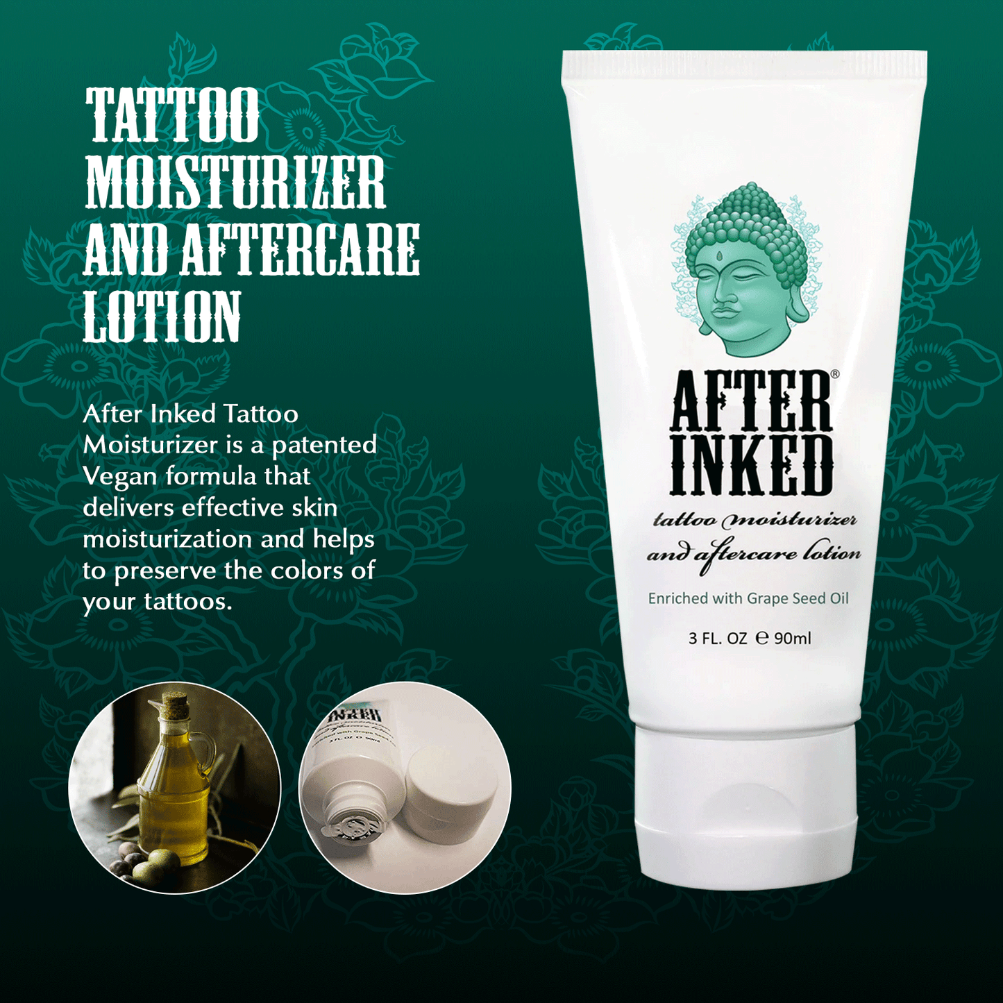 Tattoo moisturizer and aftercare lotion is a patented Vegan formula that delivers effective skin moisturization and helps to preserve the colors of your tattoos. Enriched with grape seed oil.