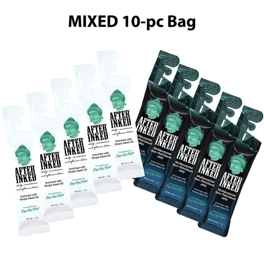 Mixed 30-piece bag: Tattoo daily moisturizer and aftercare lotion, enriched with grape seed oil, 7ml reclosable packet, plus Multipurpose Non-petroleum jelly, enriched with grape seed oil, 7g reclosable packet